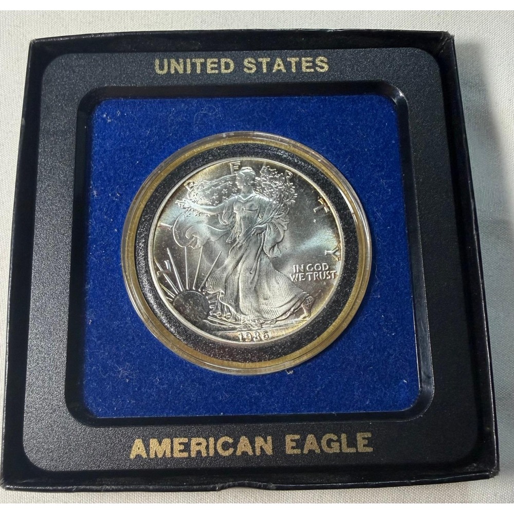 1986 United States American Eagle 1oz Fine Silver One Dollar Coin Toned with Box